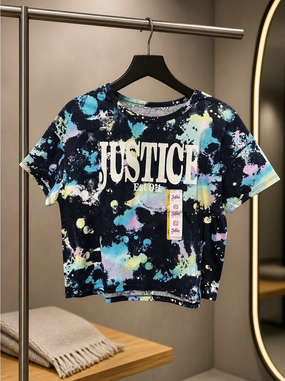 NWT Justice Girls Black Paint Splatter Short Sleeve Logo Tee Shirt - L 12/14